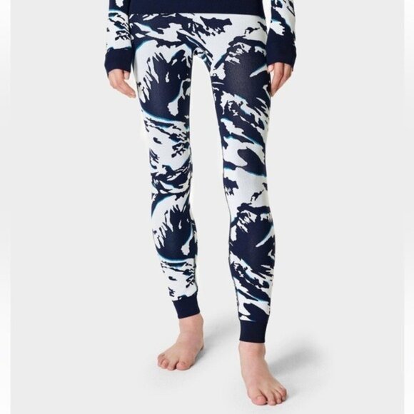 SWEATY BETTY Peaks Ski Base Layer Leggings Blue Peaks Jacquard Size M NEW - Picture 1 of 7